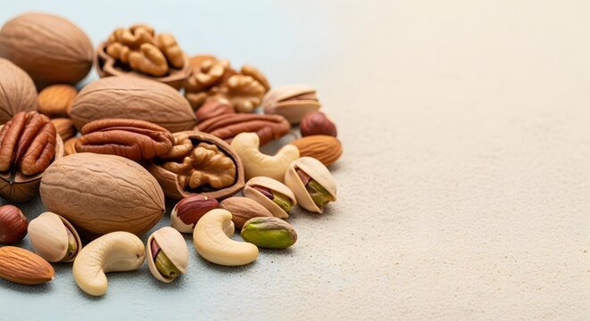 Assortment of Healthy Nuts: Walnuts, Pecans, Cashews, Pistachios, Almonds - Powered by Adobe