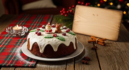 A festive Christmas cake sits on a table, ready to be enjoyed during holiday celebrations.