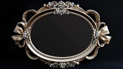 oval photo frame with a ribbon bow and diamond decorations, glittering with diamonds, in a light gold and silver color scheme, exquisite in the european style, against a black background