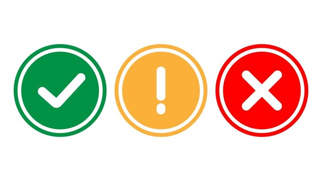 Animated warning icons set: green approval check mark for OK, yellow attention sign with exclamation, and red error cross symbolizing mistake or restriction. Perfect for alerts, notifications, and UI 