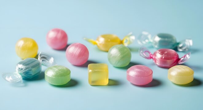 Assortment of colorful wrapped and unwrapped candies on a light blue background