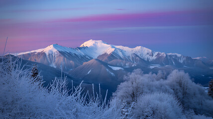 Sweeping panorama of a snow-capped mountain range at sunrise with dramatic pink and purple skies and frosty foreground trees a majestic winter landscape