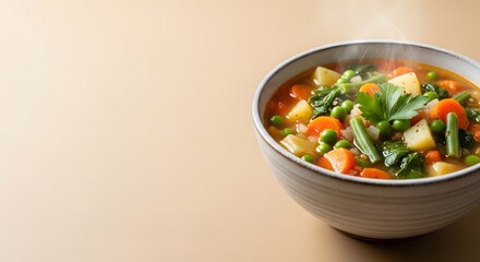 Steaming Bowl of Hearty Vegetable Soup with Peas, Carrots, and Potatoes