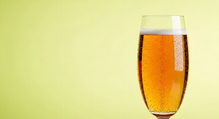 Close-up of a flute glass filled with sparkling champagne or prosecco, with bubbles and foam, on a pale green background