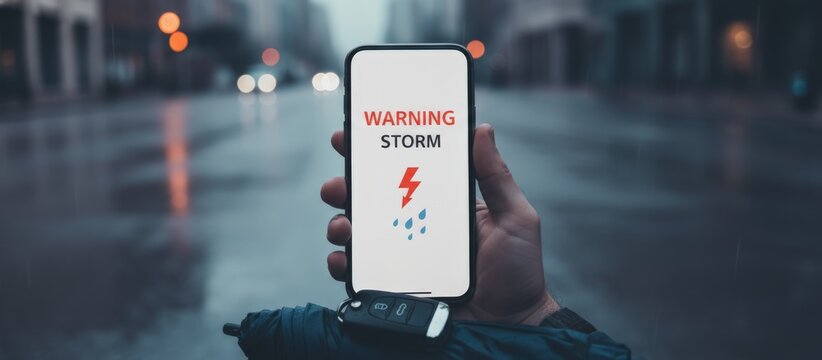 Person's hand holding a smartphone showing a warning storm alert with lightning and rain icons, standing on a rainy city street with blurred car lights in the background