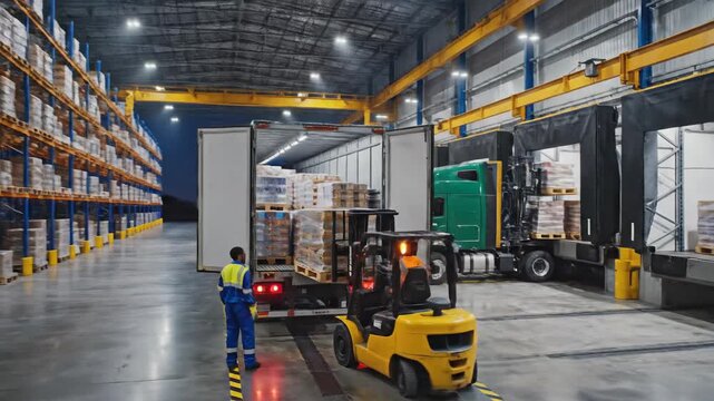 Warehouse workers and forklift moving cargo from truck to loading dock for distribution