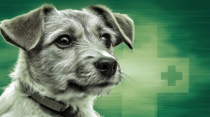 Close up illustration of a cute puppy with a green medical cross background. Perfect for veterinary clinics, animal health campaigns and pet care advertisements.