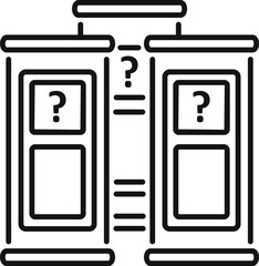Two information stands with question marks symbolizing choice, comparison, and new options