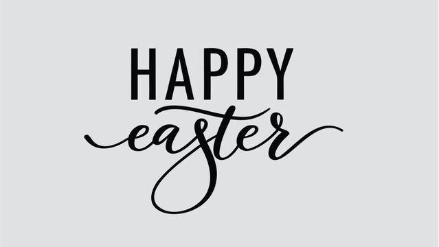 Happy easter text in elegant black calligraphy and sans serif font on a simple light gray background for greeting cards and celebrations