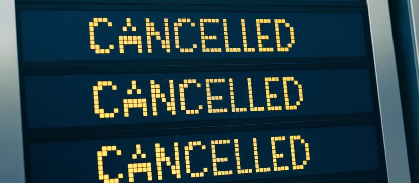 Airport information display board with bold yellow cancelled alerts across multiple flights, highlighting widespread delays, disruptions and travel chaos in an international terminal