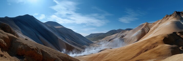 Panoramic view of colorful mountain range with steam and blue sky