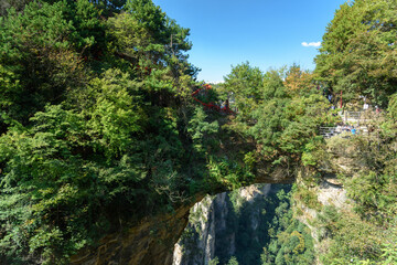 The First Bridge of the World natural rock bridge at Zhangjiajie National Forest Park in Hunan Province, China.