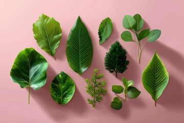 Assorted green leaves on pink background: nature's diversity and beauty