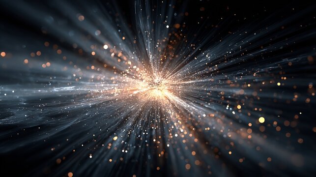 Abstract burst of light with particles and streaks in dark space creating a dynamic effect