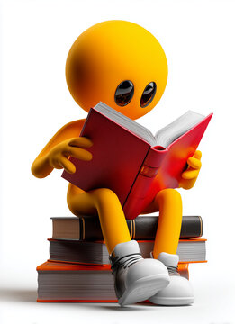 Illustrazione stilizzata di un omino che legge un libro seduto su una pila di libri.