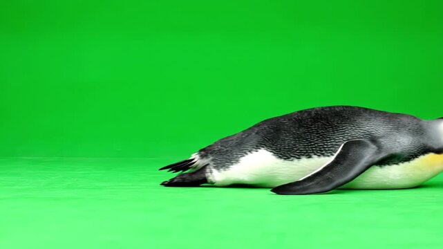 Emperor penguin lying flat on vibrant green surface with detailed black and white feathers and yellow accents near neck showing calm relaxed posture in wildlife bird animal feather scene