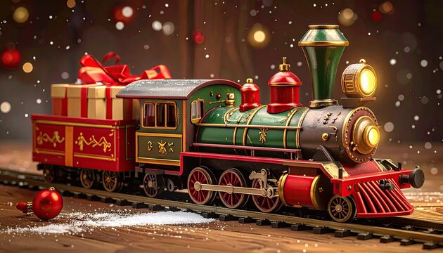 Vintage Christmas Toy Train Loaded with Gifts on Snowy Tracks.