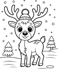 Whimsical cartoon reindeer with hat and snowflakes outline illustration cute