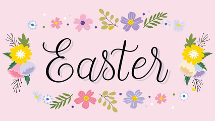 Happy easter text with a beautiful floral border and pastel pink background celebrating spring and new beginnings