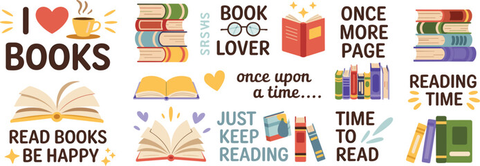 Book lover illustration, reading quotes, stacked books, open pages, coffee cup, stars, hearts, cozy vibe, motivational design, vector artwork, literary theme