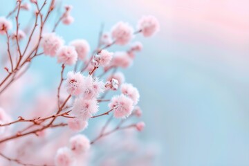 Naklejka premium Delicate pink flowers bloom softly against a serene pastel background, creating a soothing atmosphere that encourages feelings of kindness and compassion