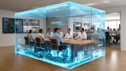 Innovation in the boardroom: A modern meeting takes place within a sleek, translucent enclosure, showcasing a dynamic interplay of technology and collaborative thinking. - Powered by Adobe
