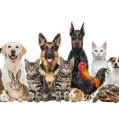 Obraz premium A diverse group of domestic animals on a transparent background isolated on transparent background