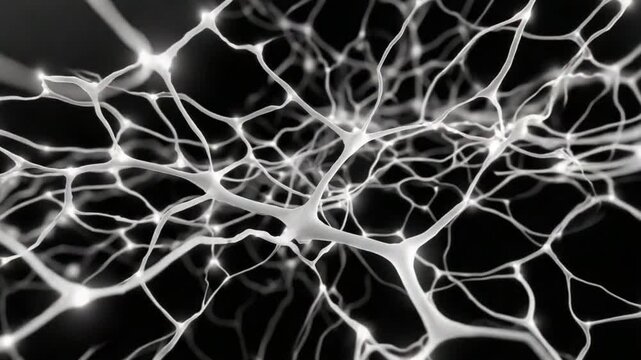 Neural Network: An abstract view of the intricate web of neural pathways, with interconnected neurons transmitting signals across a complex network within a dark background.