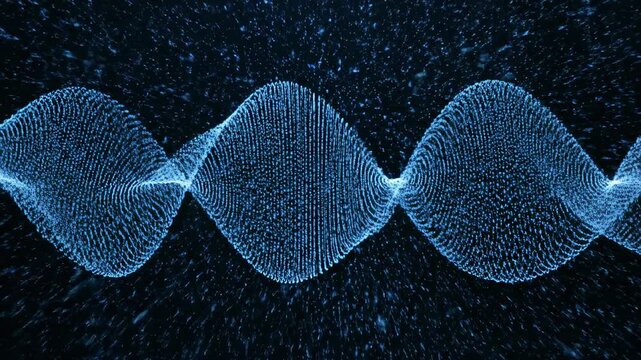 Glowing blue digital particles rapidly disperse outward from the center of the frame and slowly reform into a structured flowing background pattern matrix, movement, pattern