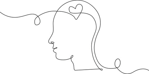 Minimalist continuous line art of human head profile, with a heart for love Vector
