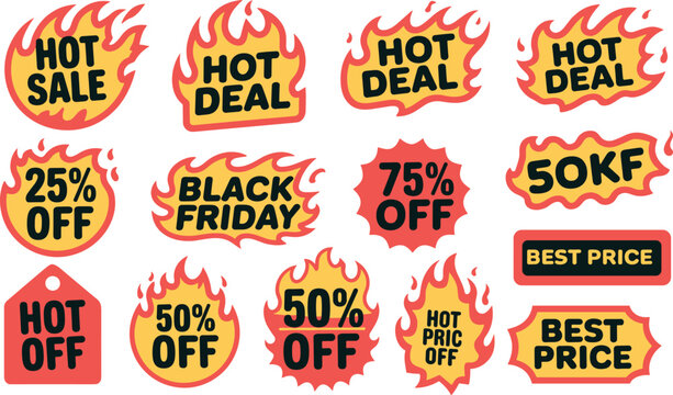 Hot sale banners, flame discount labels, retail promotion graphics, bold typography, Black Friday deals, urgent offer signs, marketing vector, fiery price tags