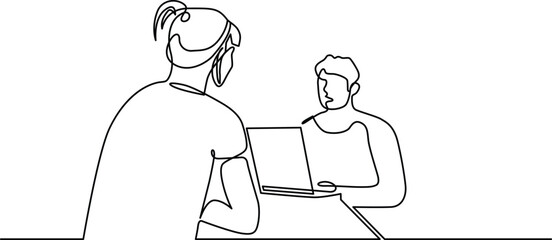 Abstract line drawing: two individuals collaborating on laptop project Vector