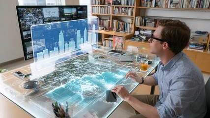 Visionary's Workspace: A person immersed in a futuristic workspace, exploring holographic projections of cityscapes and maps, pushing the boundaries of technology and innovation. - Powered by Adobe
