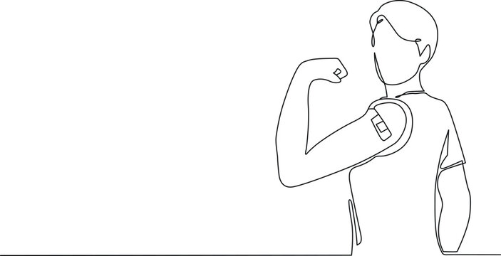 Person flexing arm with bandage after vaccine shot representing health Vector