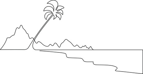 Continuous line art drawing tropical landscape with palm tree and mountains. Vector