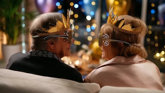 Faceless side-view of elderly friends in mismatched party glasses sitting on a couch, warm lights and décor slightly blurred behind them, with copy space
