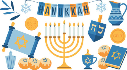 Hanukkah celebration, menorah candles, dreidel, Jewish holiday, festive symbols, Star of David, gelt coins, sufganiyot, vector illustration, traditional items, holiday decor