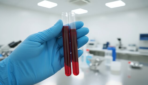 Gloved hand of a medical professional holding two test tubes with blood samples, performing laboratory analysis and diagnostics in a clean modern lab setting - Powered by Adobe