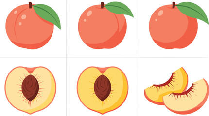 Cartoon Peach Fruit Icon Set with Whole Cut and Sliced Peaches Colorful Flat Vector Illustration Isolated