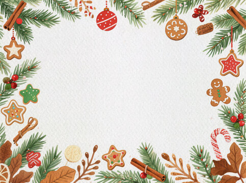 Festive Ornament Frame: A delightful arrangement of Christmas decorations frames a blank space, perfect for holiday greetings and seasonal announcements. 