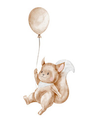 Watercolor illustration of a Squirrel with a balloon in pastel colors. Drawing of cute animal for nursery posters or baby shower greeting cards and Birthday invitations. Art of cub for children.