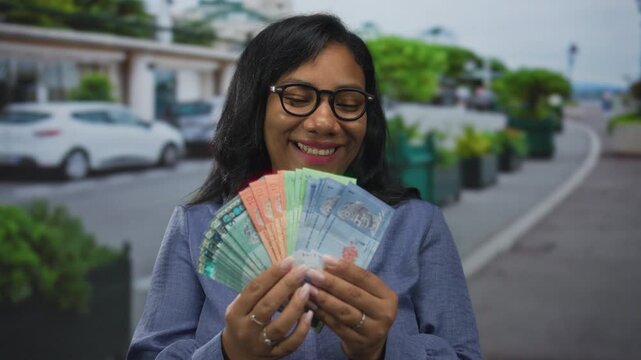 Smiling malaysian woman holds ringgit banknotes with hands on city street; wealth optimism abundance.