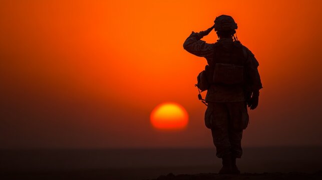 American soldier silhouette saluting during sunset, representing honor, duty, and military service