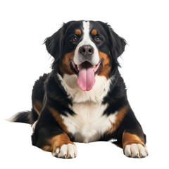 Bernese mountain dog lying down and panting isolated on transparent background