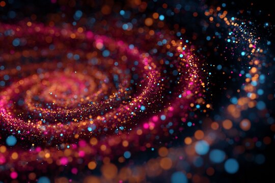 Abstract spiral of glittering particles with a dark background and vibrant color variations