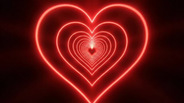 Abstract glowing red neon heart shape tunnel or infinite loop animation background with dark background