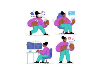 A modern woman who is digitally fluent and capable in multiple roles—be it a gamer, a developer, or an active tech user—reflecting the themes of 