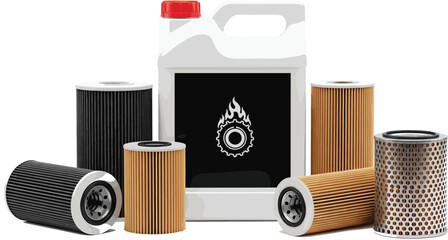 Automotive Engine Maintenance Vector Set Featuring Various Styles of Oil Filters, Fuel Filters, and a Generic Liquid Canister Illustration