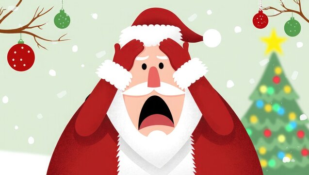 Santa Claus with hands on head in shock surrounded by snow - Powered by Adobe