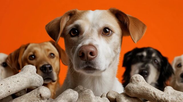 Eager dogs await treats against vibrant orange backdrop in playful closeup scene